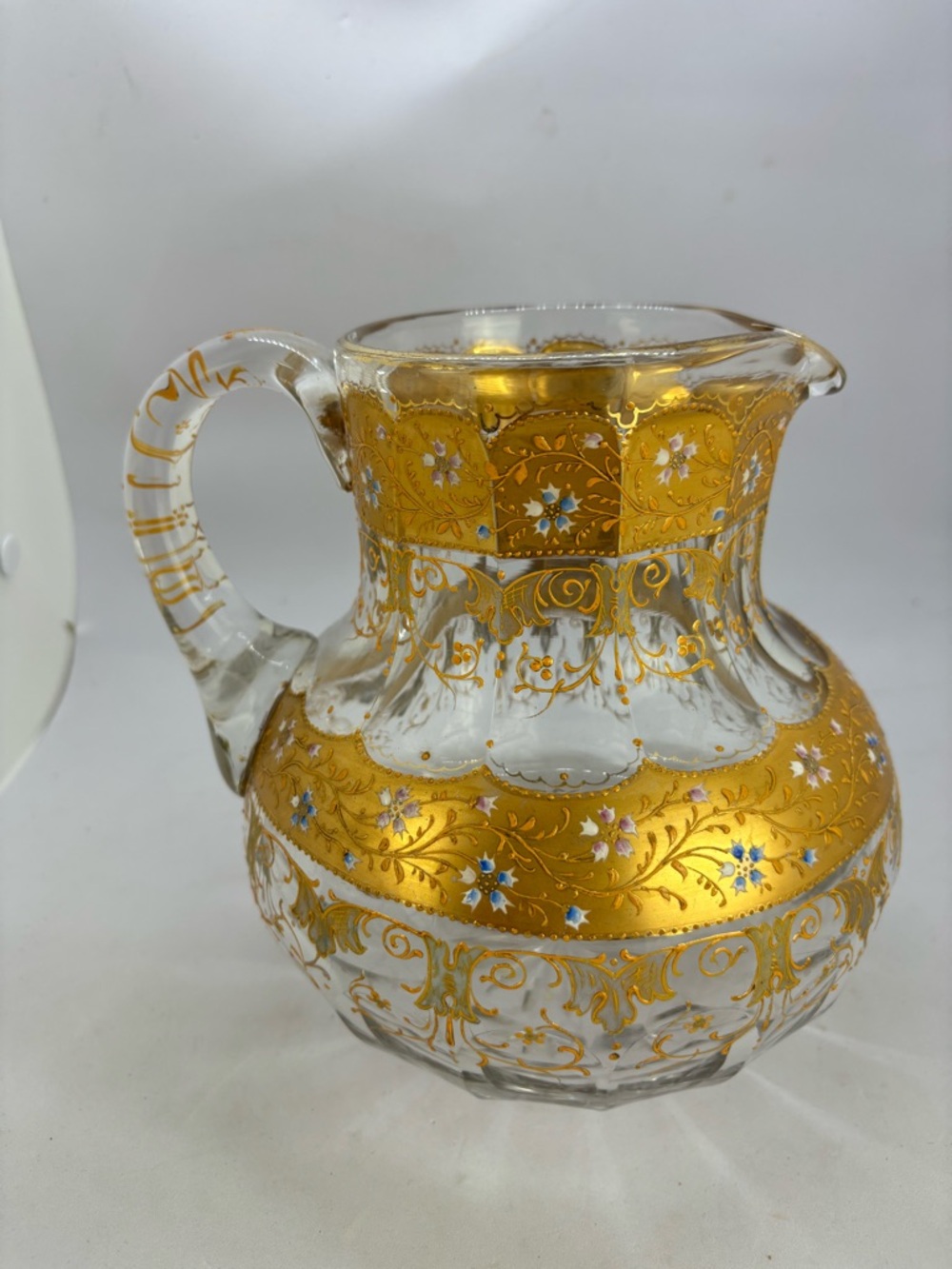 Antique Moser Bohemian Pitcher w/Ornate Gold & Delicate Floral Design
